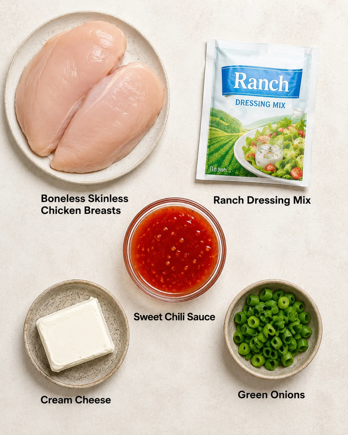 Raw chicken breasts, ranch dressing mix, sweet chili sauce, cream cheese, and green onions.
