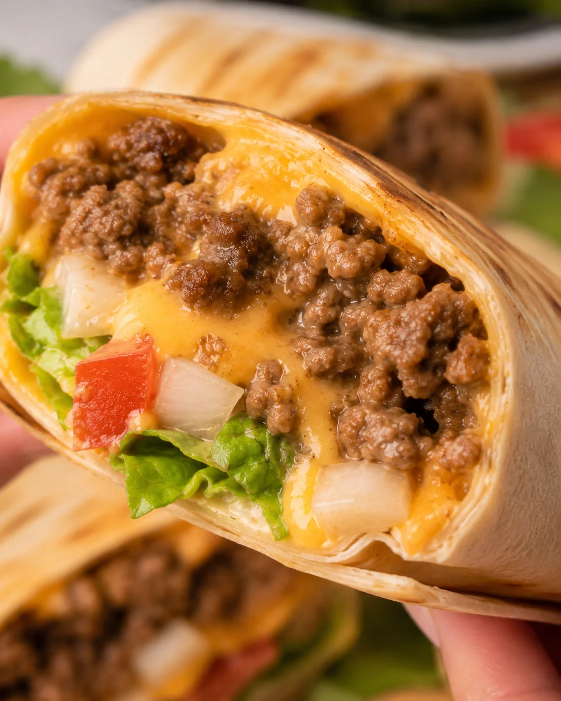 Close-up of a cheesy, beef-filled wrap with toppings and crispy tortilla shell.
