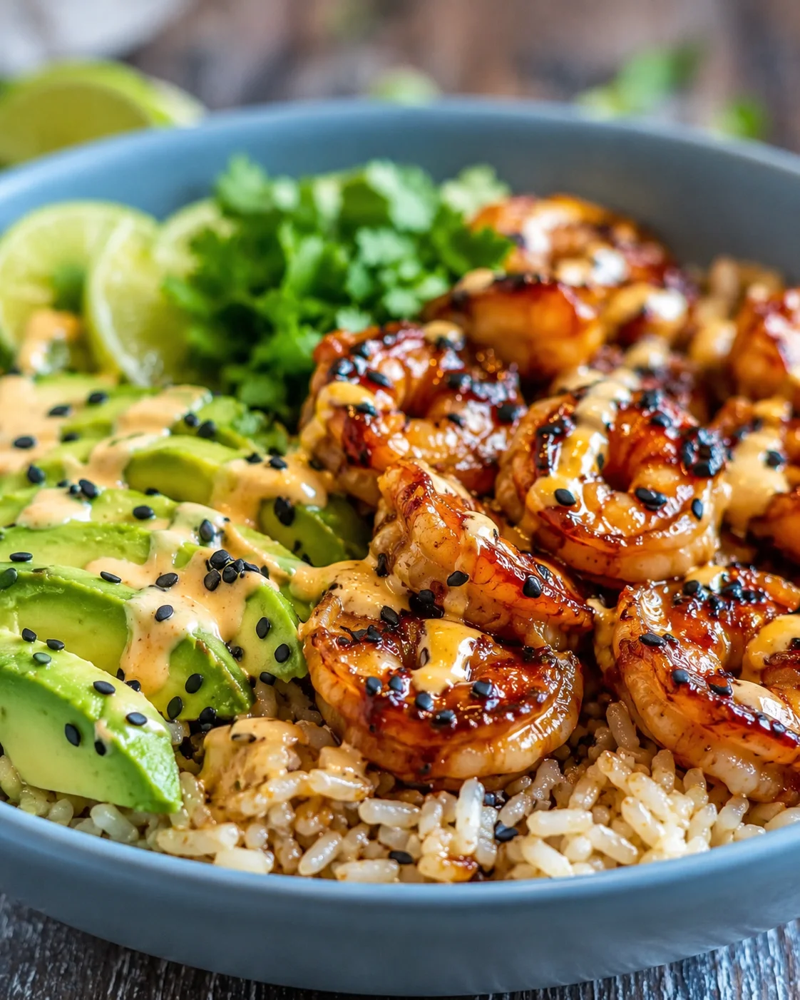 Close-up of teriyaki shrimp served with rice, avocado, and lime in a bowl.