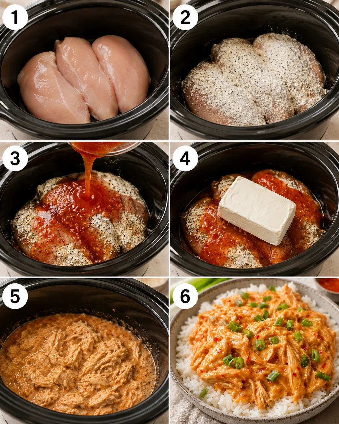 Step-by-step images showing preparing the slow cooker chicken dish.
