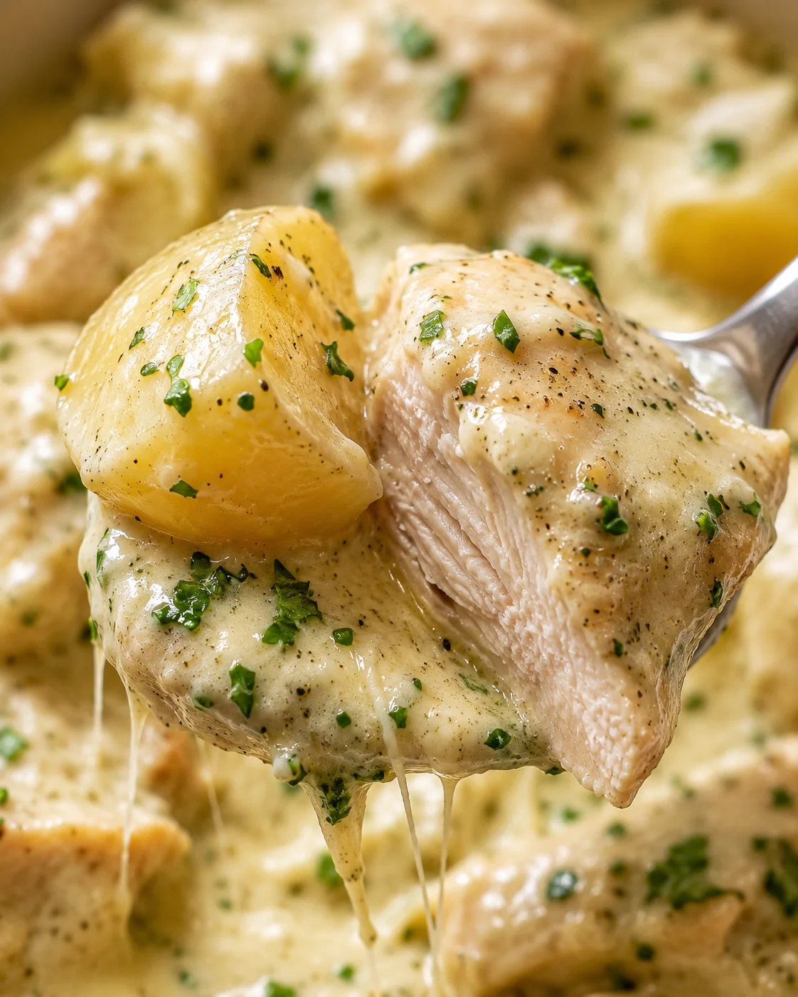 Close-up of cheesy, tender chicken and potatoes in creamy garlic sauce