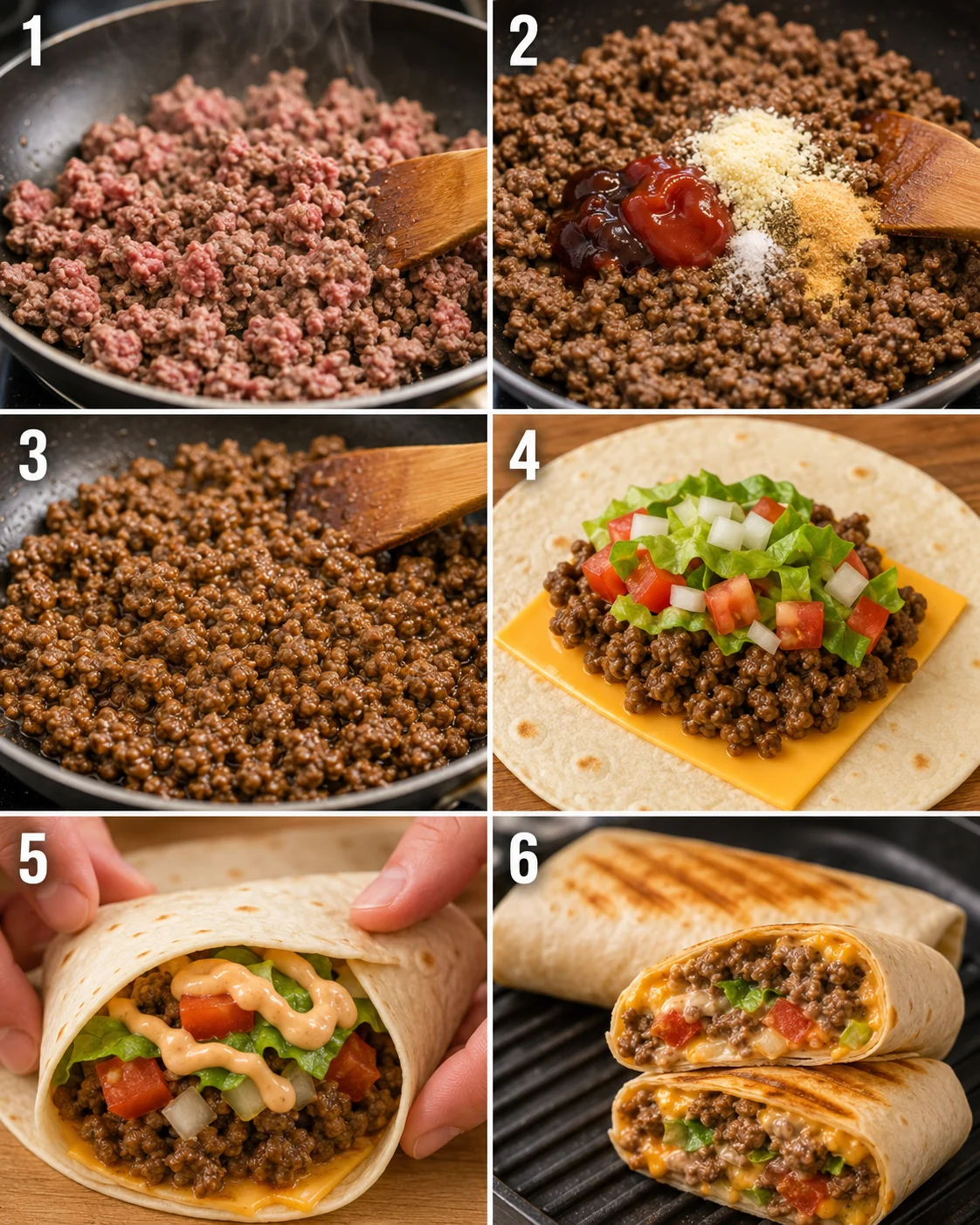 Step-by-step images of making a cheesy grilled burger wrap.