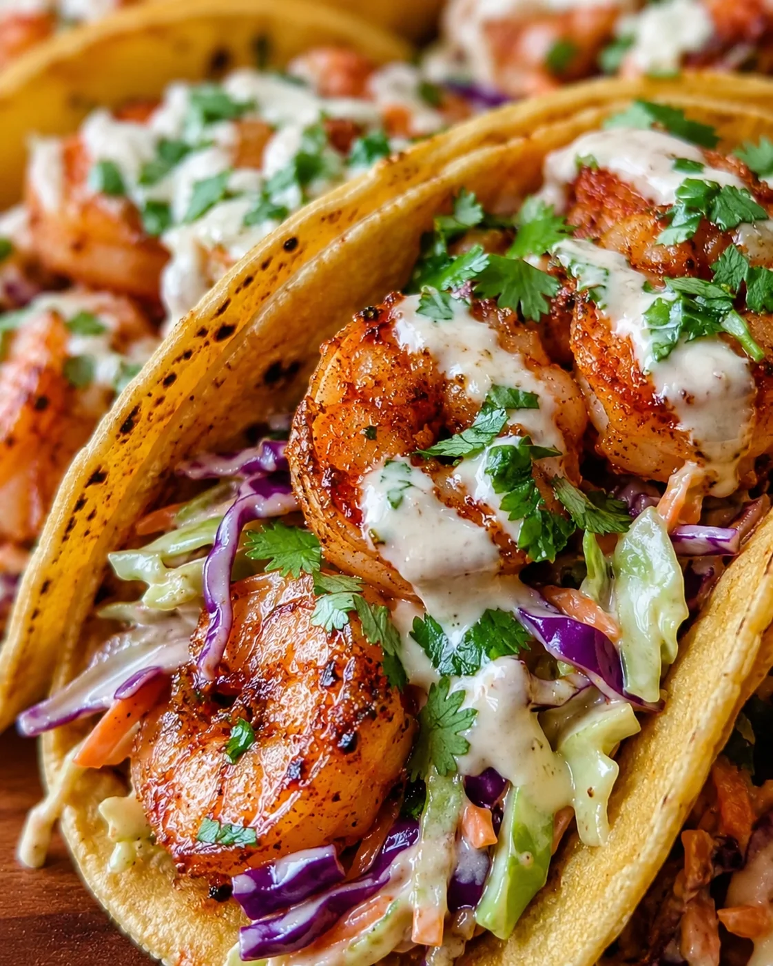 Close-up of flavorful shrimp tacos with fresh toppings and colorful slaw
