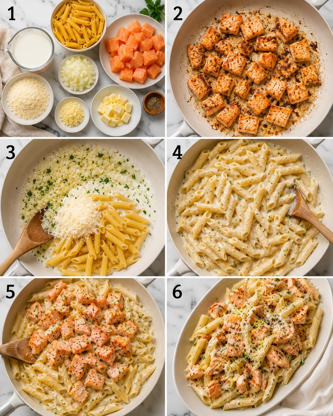Step-by-step images of making flavorful salmon pasta without heavy cream.