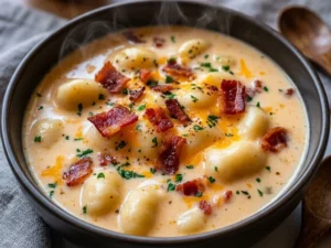 A bowl of creamy bacon cheddar gnocchi soup garnished with bacon bits and herbs.