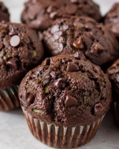 Moist, chocolate chip zucchini muffins arranged in a baking cup.