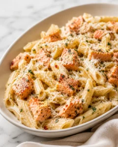 Delicious salmon pasta with parmesan and fresh herbs in a creamy sauce