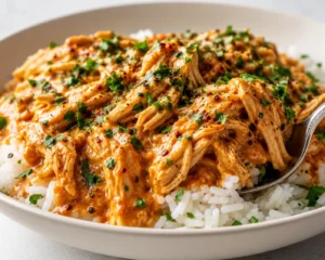 Creamy Cajun butter chicken served over white rice garnished with parsley.