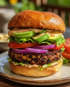 Close-up of a homemade black bean burger with fresh toppings on a plate.