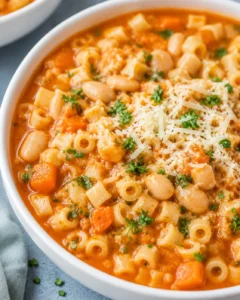 A hearty bowl of pasta fagioli soup with beans, pasta, and herbs.