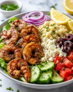 Colorful Greek shrimp bowl with veggies, feta, olives, and lemon wedges