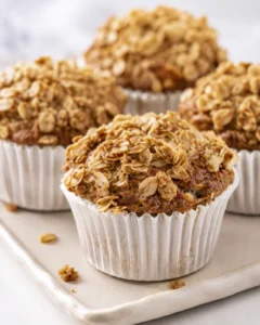 Delicious, moist banana oatmeal muffins with oat topping in white paper cups.