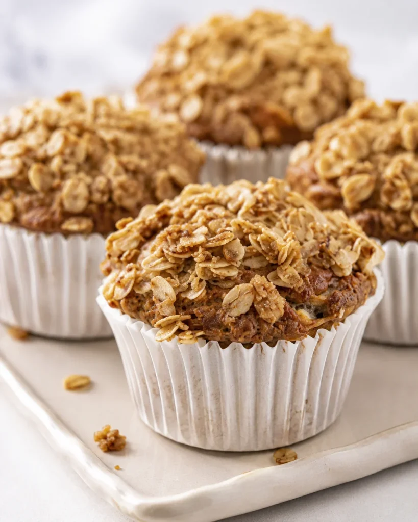 Delicious, moist banana oatmeal muffins with oat topping in white paper cups.