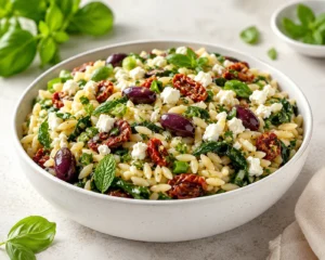 Colorful orzo pasta salad with feta, sun-dried tomatoes, and fresh herbs in a bowl