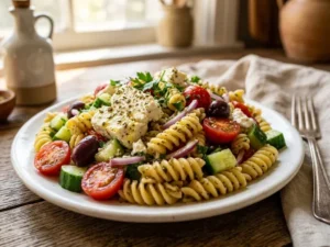 Colorful Mediterranean pasta salad with cherry tomatoes, cucumbers, olives, feta, and herbs.