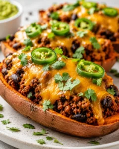 Close-up of sweet potato boats topped with cheese, jalapeños, and cilantro