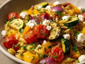 Colorful roasted vegetables mixed with orzo pasta and feta cheese in a bowl.