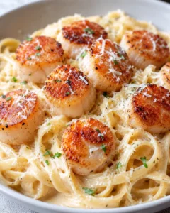 Delicious seared scallops served over creamy pasta with Parmesan cheese