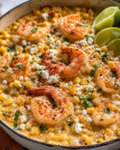 Delicious shrimp and creamed corn served with lime wedges and fresh herbs