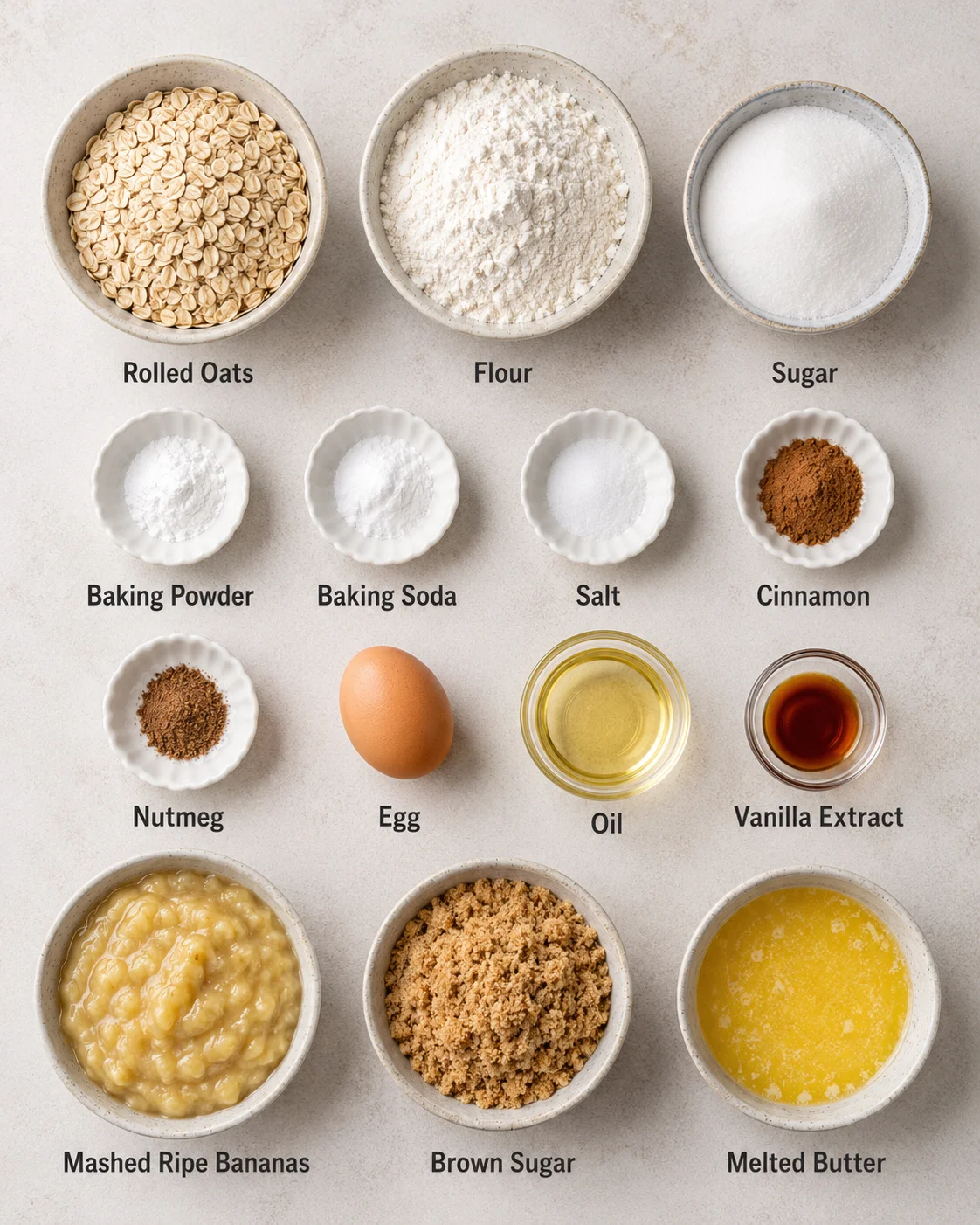 Image of baking ingredients including oats, flour, sugar, eggs, and mashed bananas.