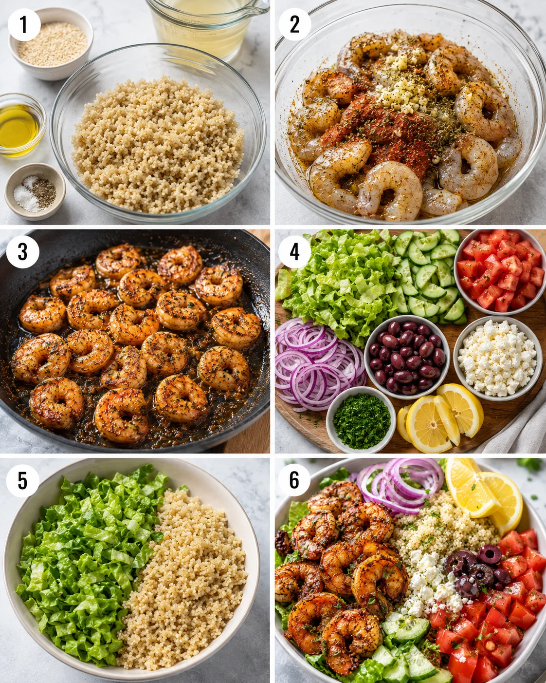Colorful Greek shrimp bowl with shrimp, quinoa, vegetables, and feta cheese.