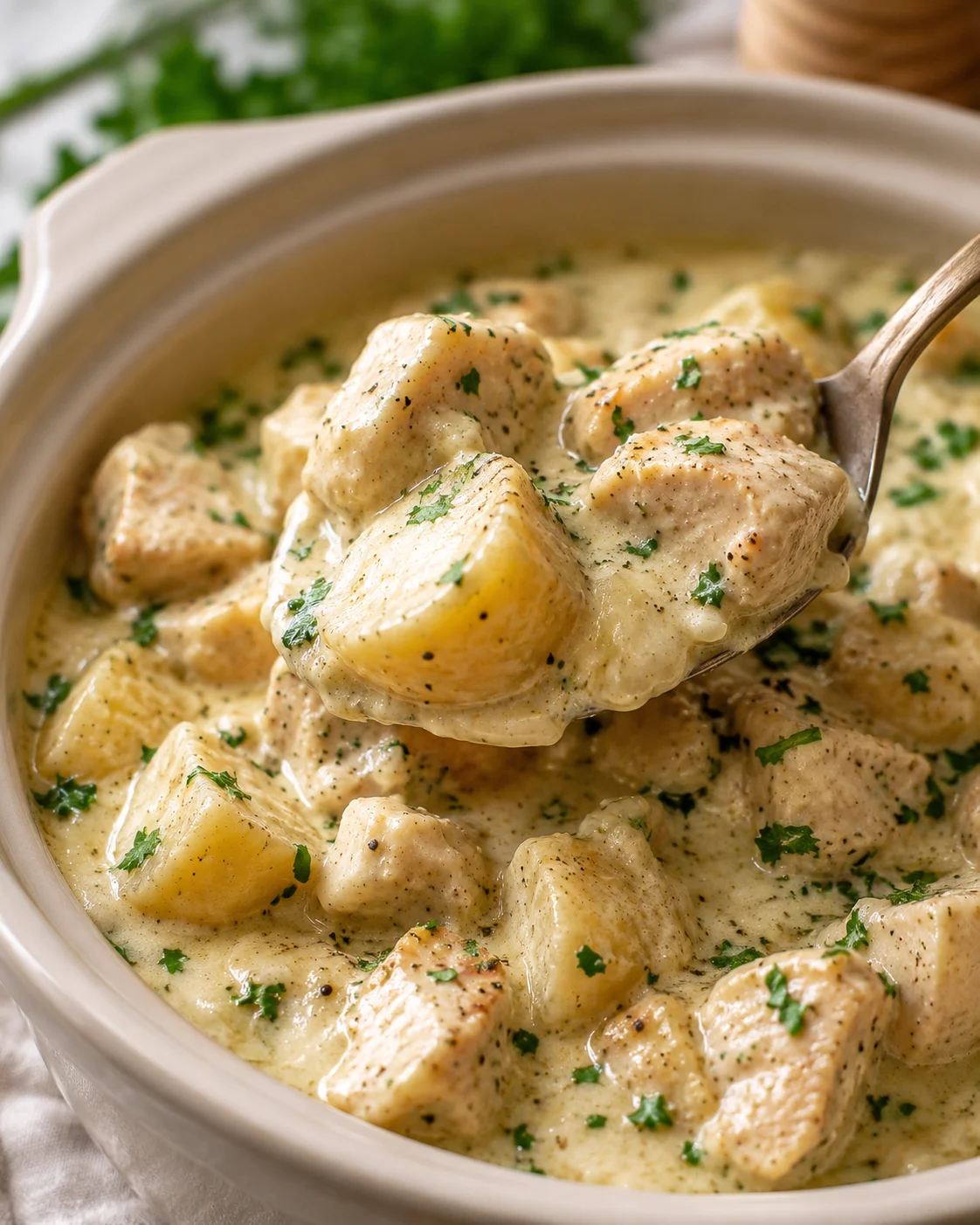 Slow cooker filled with tender chicken, potatoes, and creamy cheese sauce garnished with herbs.