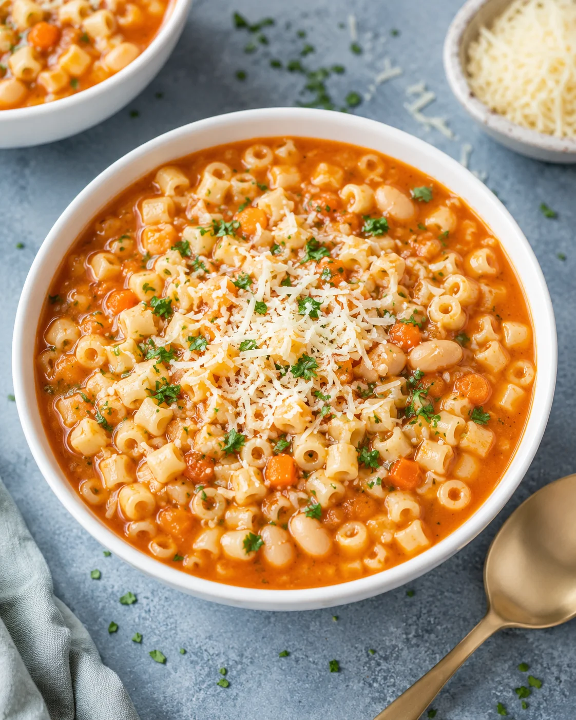 Creamy, tomato-based pasta fagioli soup topped with cheese and herbs