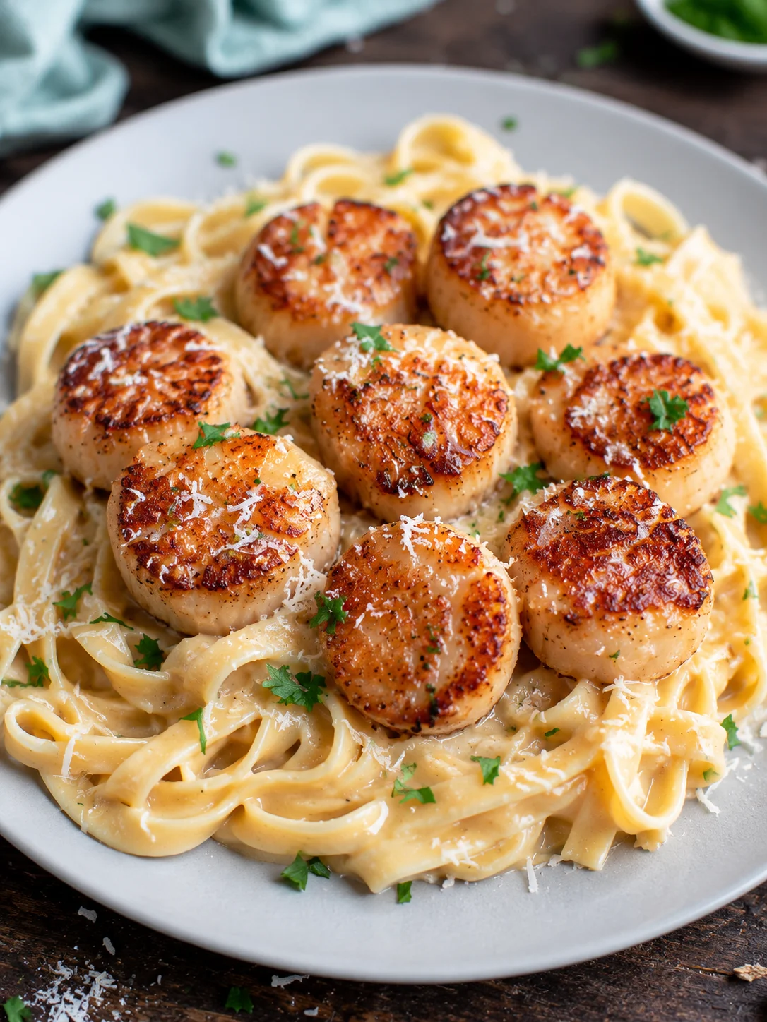 Delicious seared scallops served with creamy garlic Parmesan sauce on pasta