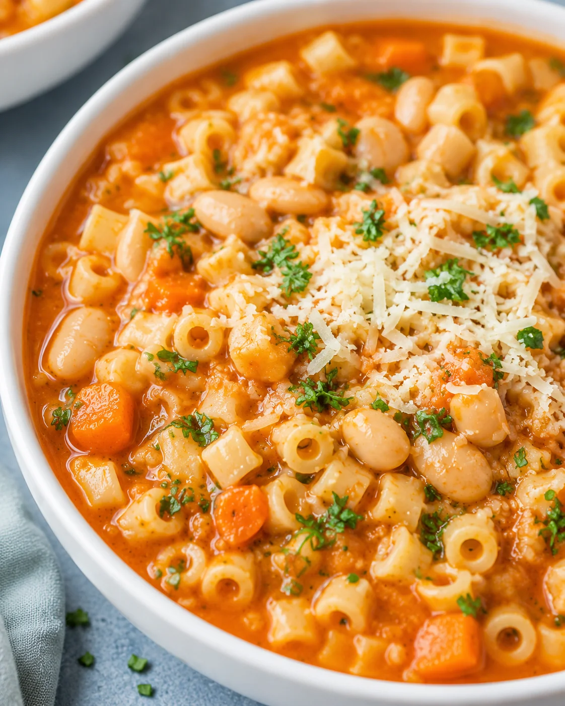 A hearty bowl of pasta fagioli soup with beans, pasta, and herbs.