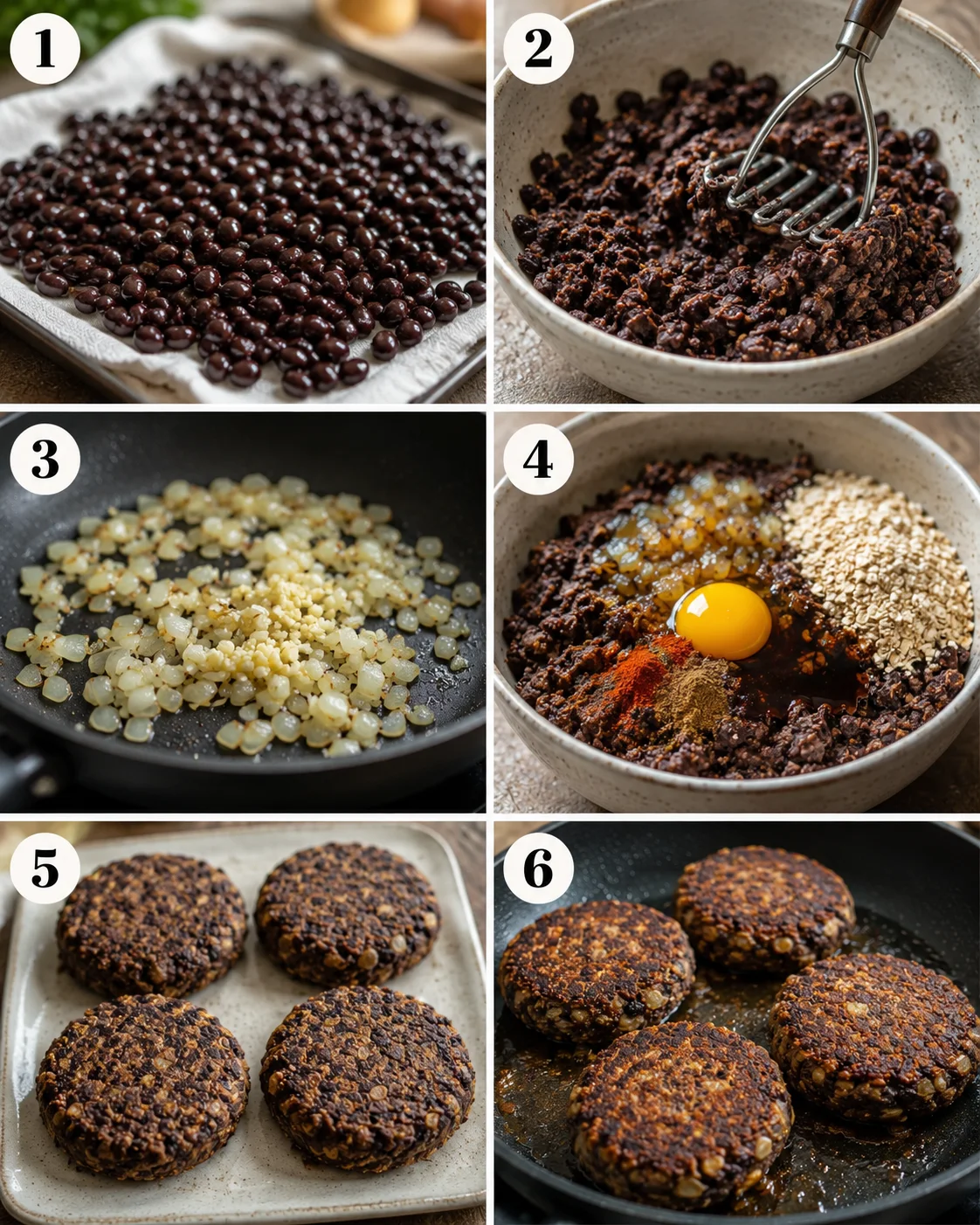 Step-by-step images of making black bean burgers, from cooking beans to frying patties.