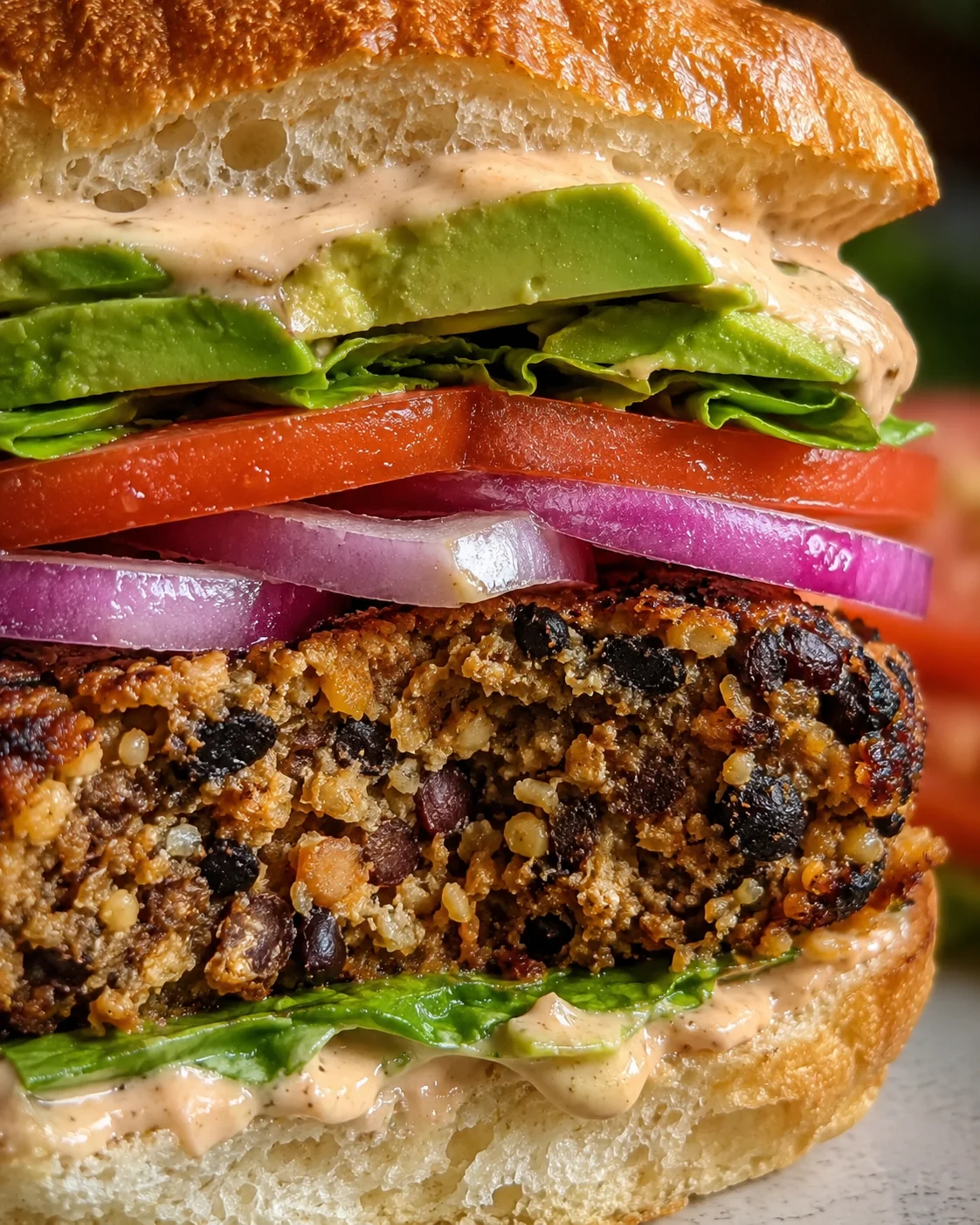 Close-up of a homemade black bean burger with fresh vegetables and creamy sauce.