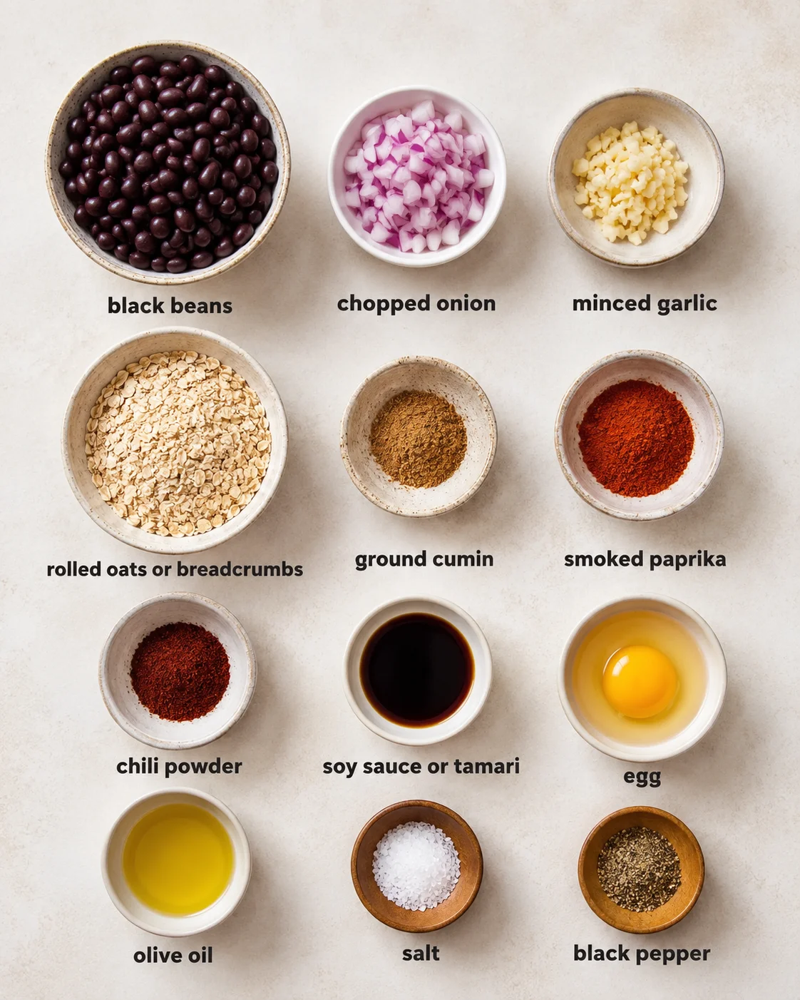Assorted ingredients for black bean burgers, including beans, onion, garlic, oats, and spices.
