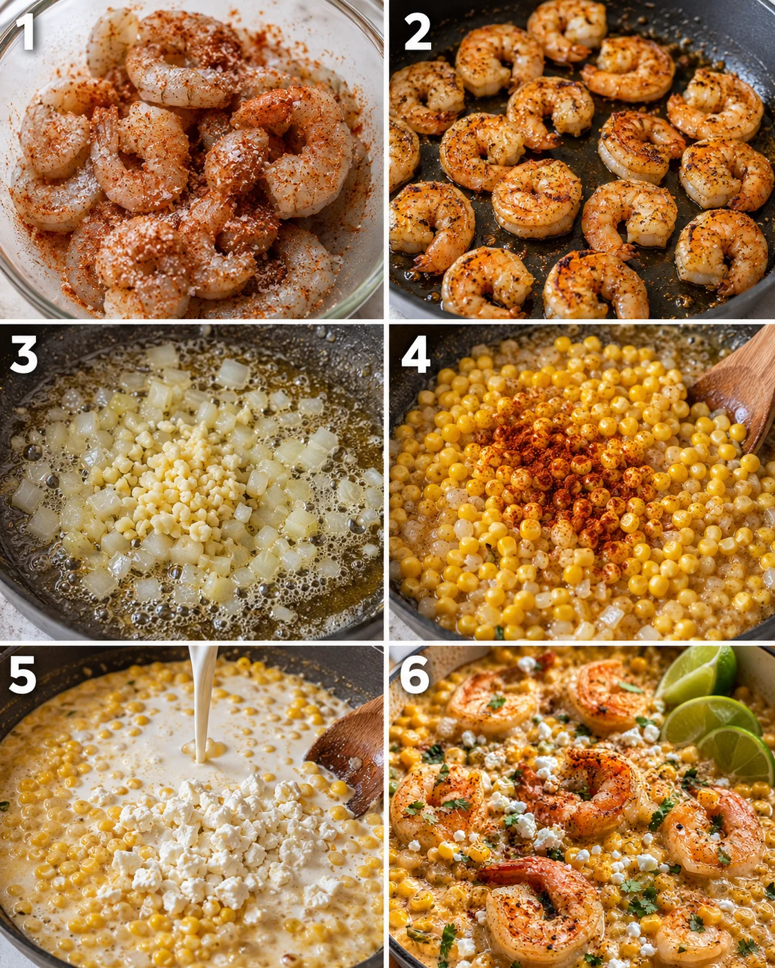 Step-by-step process of making shrimp and creamed corn dish in a skillet
