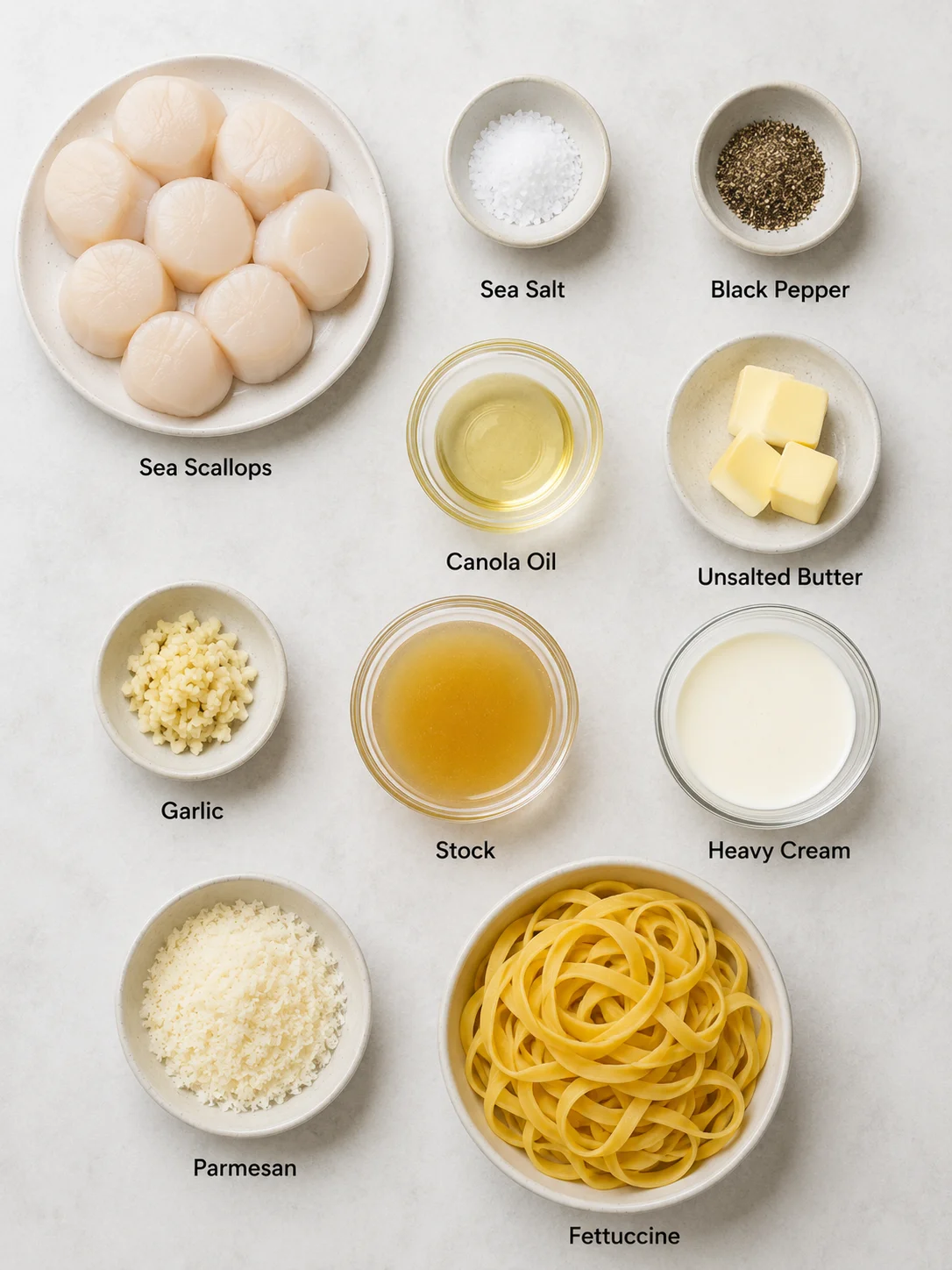Ingredients for scallops with cream sauce including scallops, garlic, butter, and pasta.