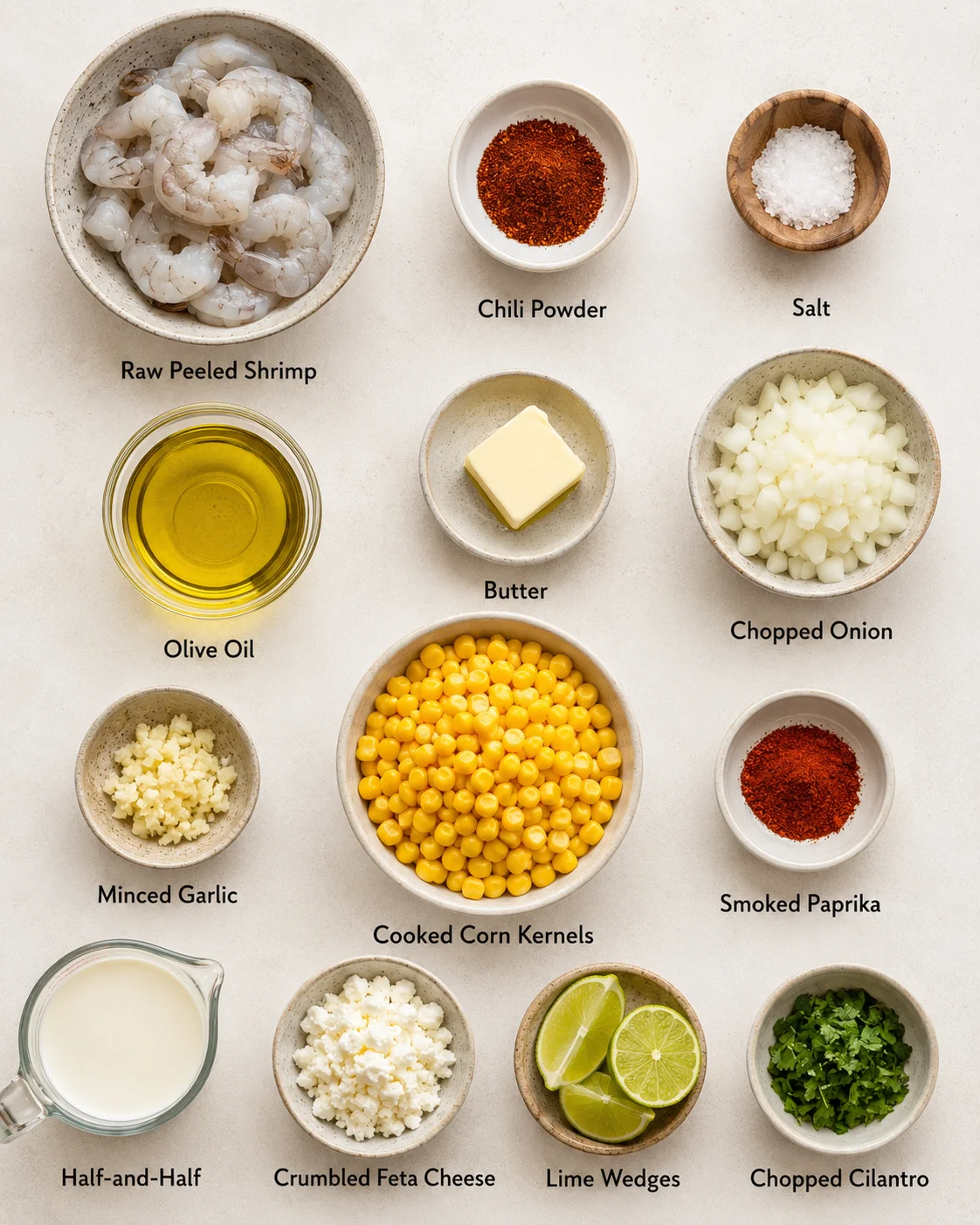 Colorful shrimp and corn skillet with feta, lime, and cilantro garnishes