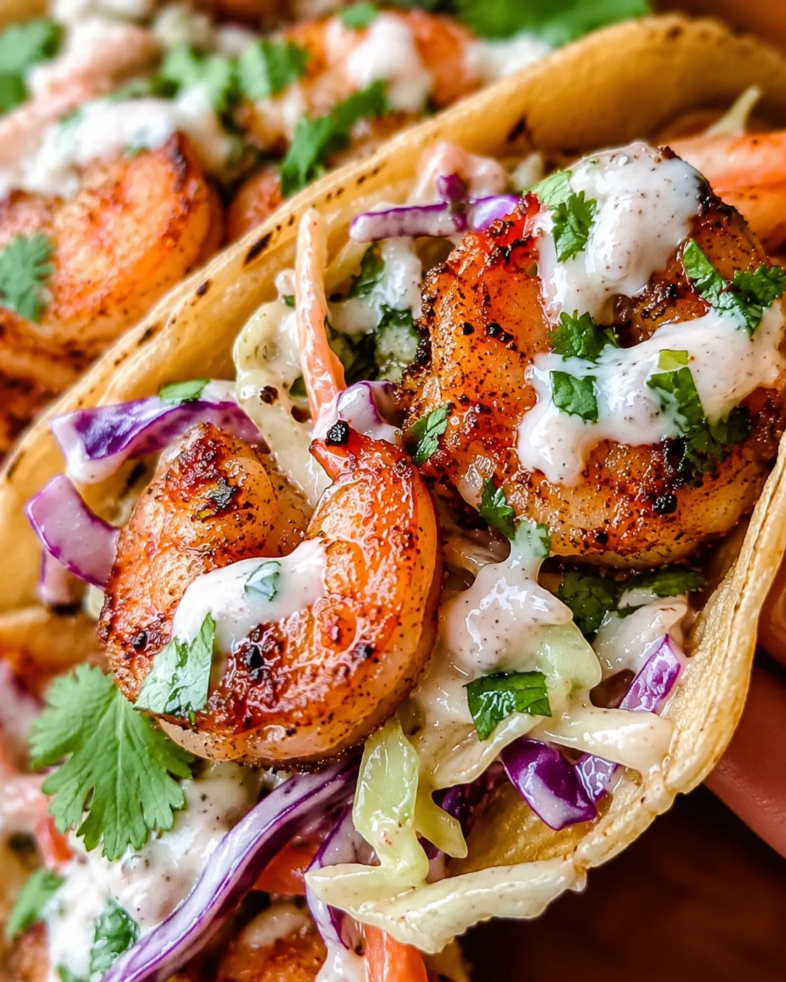 Tempting shrimp tacos topped with colorful vegetables and creamy sauce.