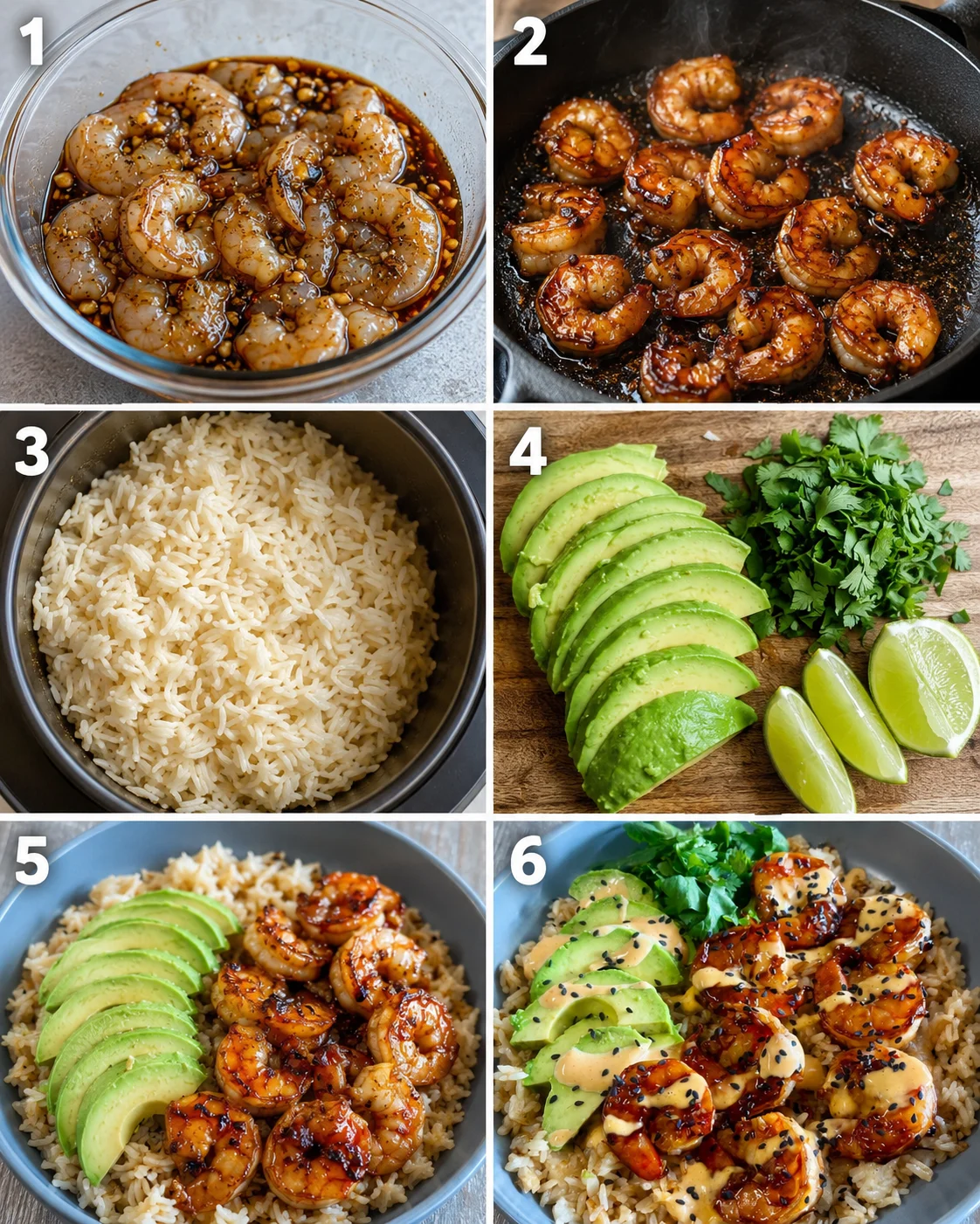 Delicious shrimp bowls topped with avocado and fresh cilantro, ready to serve.