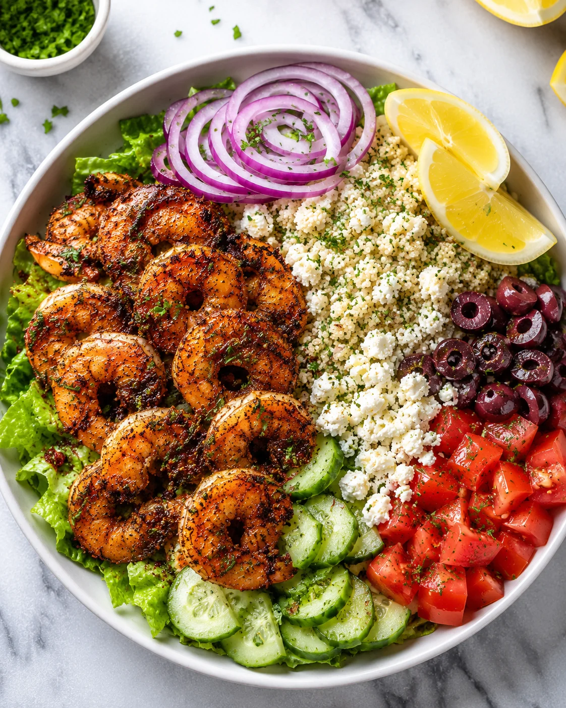 Vibrant Greek shrimp bowl with fresh vegetables, feta, olives, and lemon slices