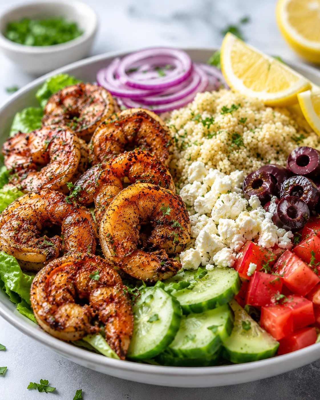 Colorful Greek shrimp bowl with veggies, feta, olives, and lemon wedges