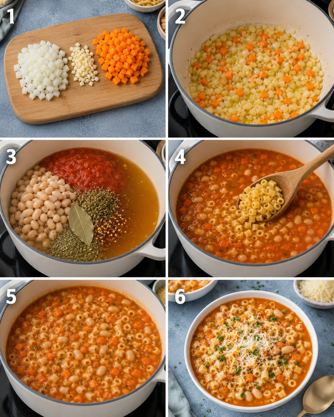 Step-by-step images showing ingredients and cooking process for pasta fagioli soup.