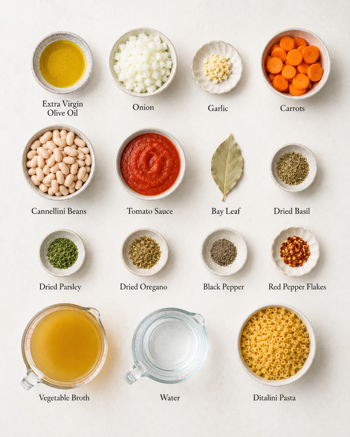 Array of ingredients for flavorful pasta fagioli soup, including beans, pasta, and vegetables.
