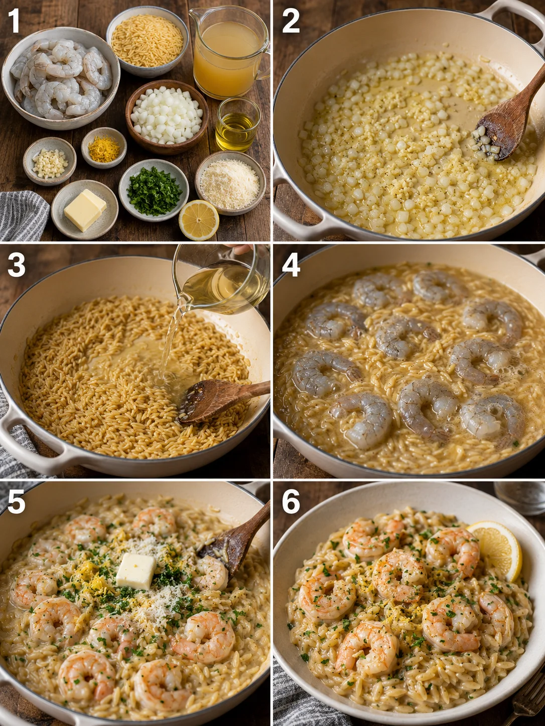 Step-by-step images of preparing a creamy shrimp orzo pasta dish in one pot.