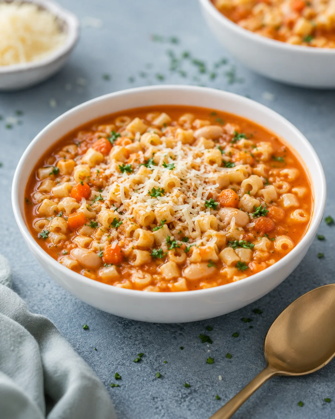 A bowl of comforting pasta fagioli soup topped with cheese and herbs