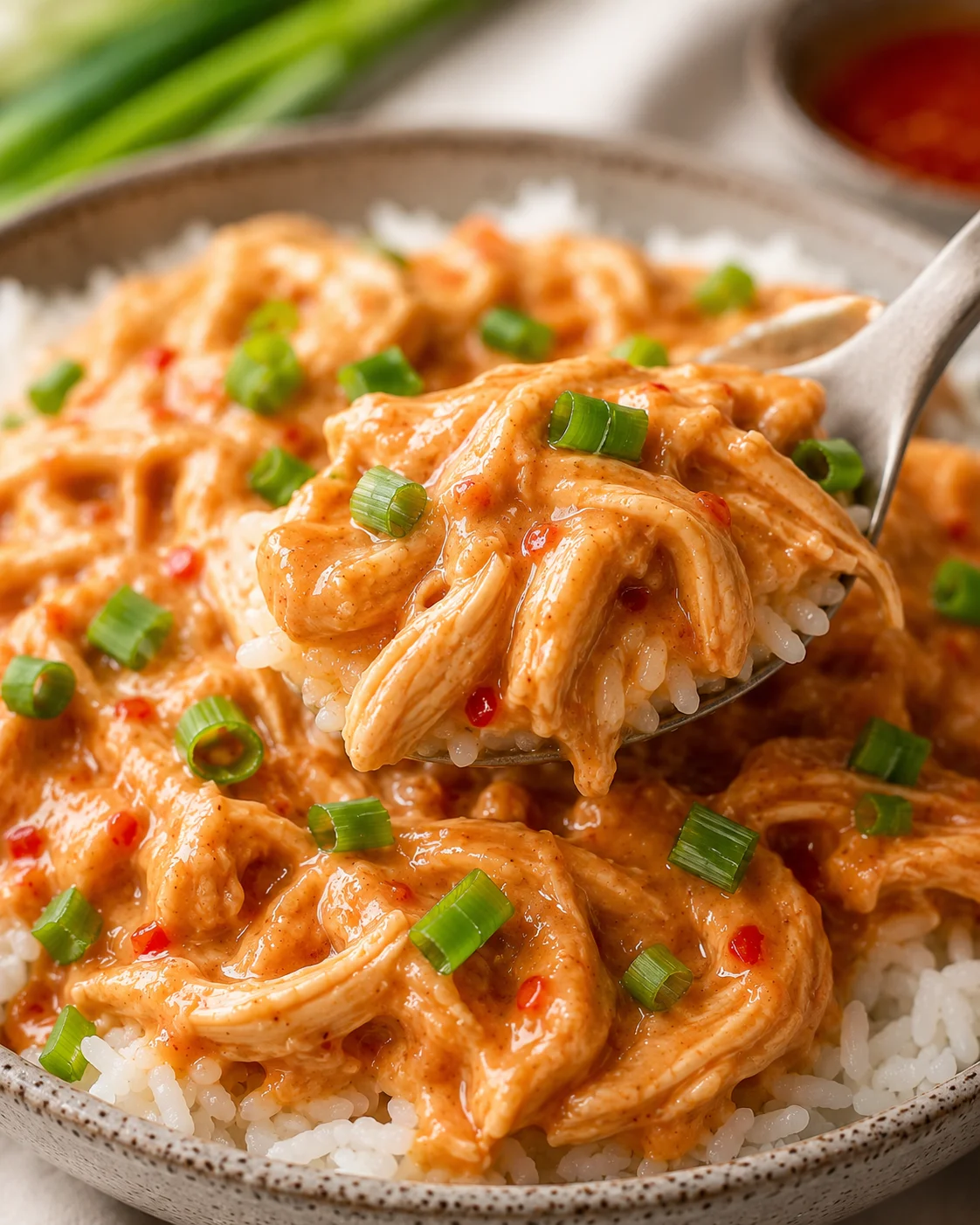 Creamy sweet chili chicken served over rice with green onions garnish.
