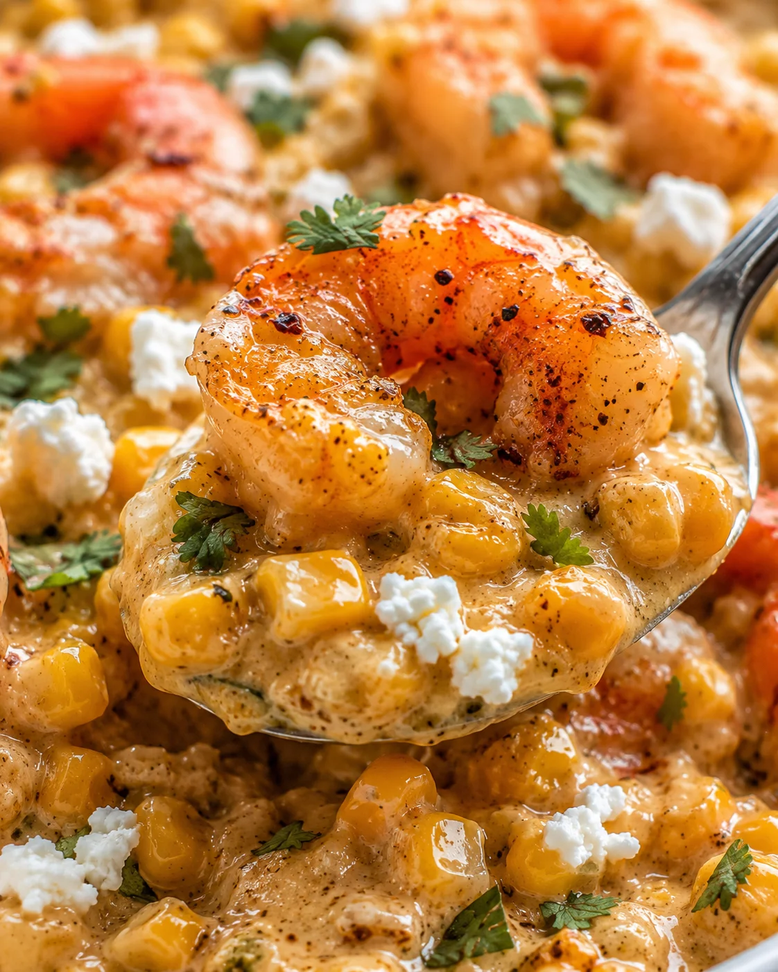Delicious shrimp and creamed corn dish topped with feta and herbs