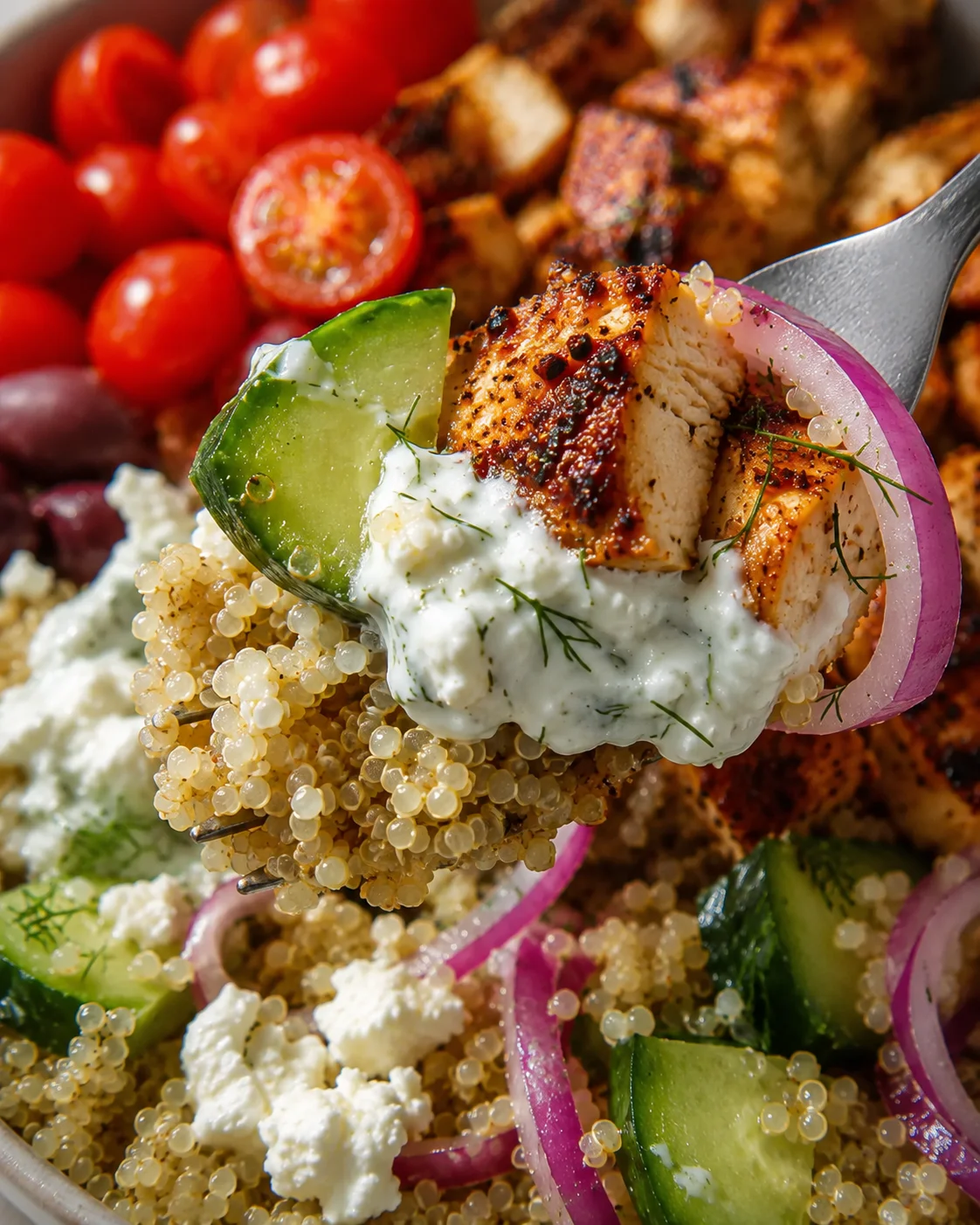 Colorful Mediterranean chicken bowls with quinoa, vegetables, and creamy tzatziki