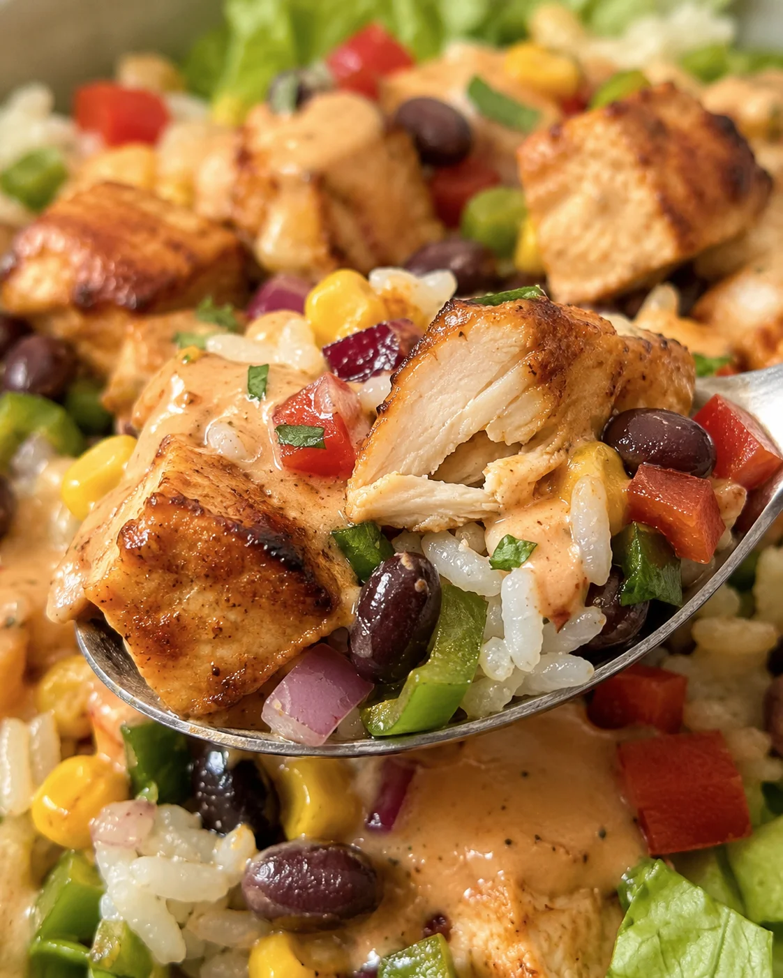 Close-up of flavorful Southwest chicken sitting on a colorful rice and vegetable bowl