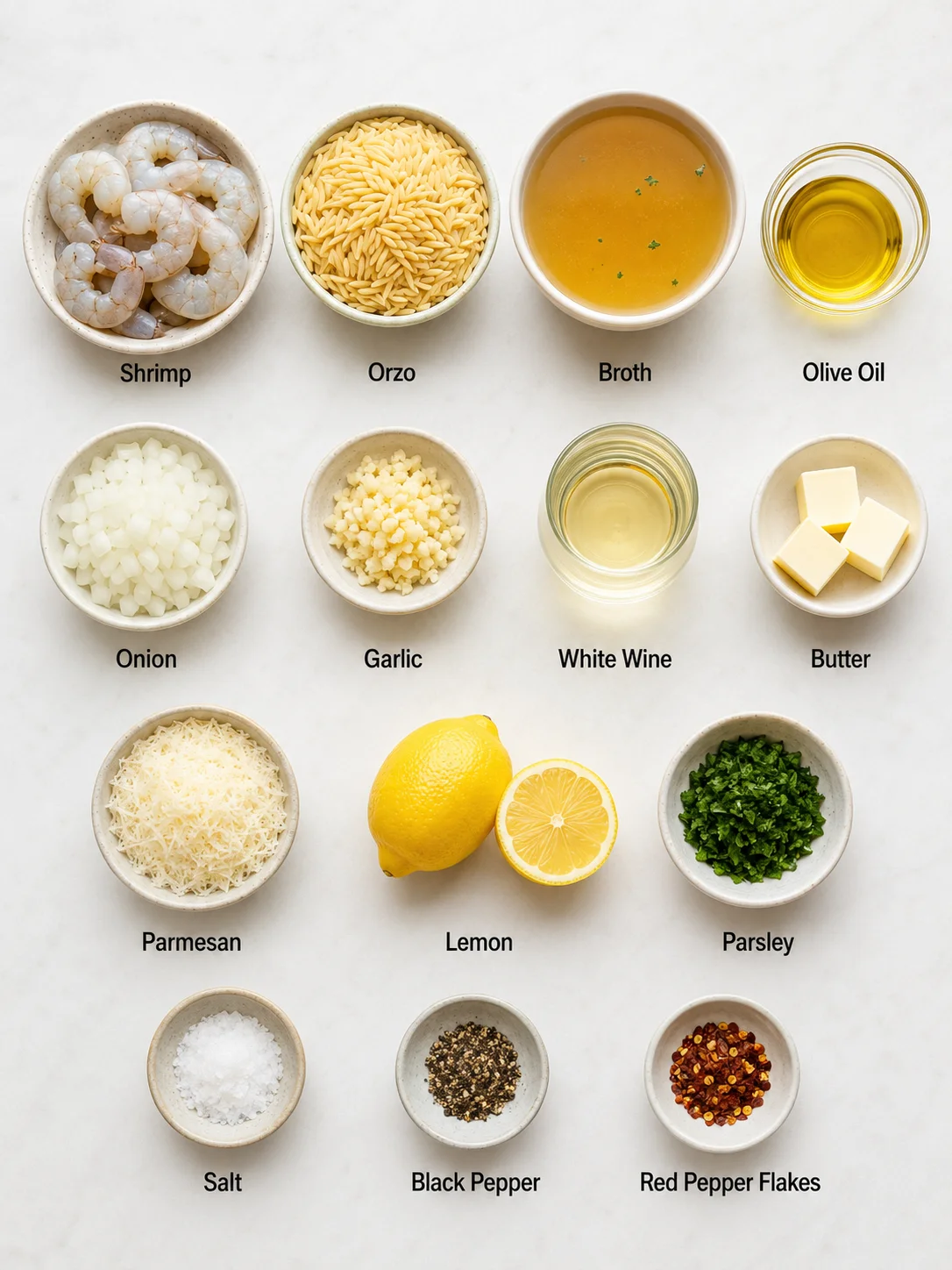 Colorful shrimp and pasta ingredients arranged on a white surface.