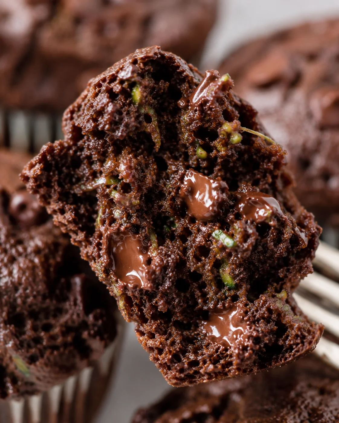 Close-up of a rich, chocolatey zucchini muffin with melty chocolate chips.