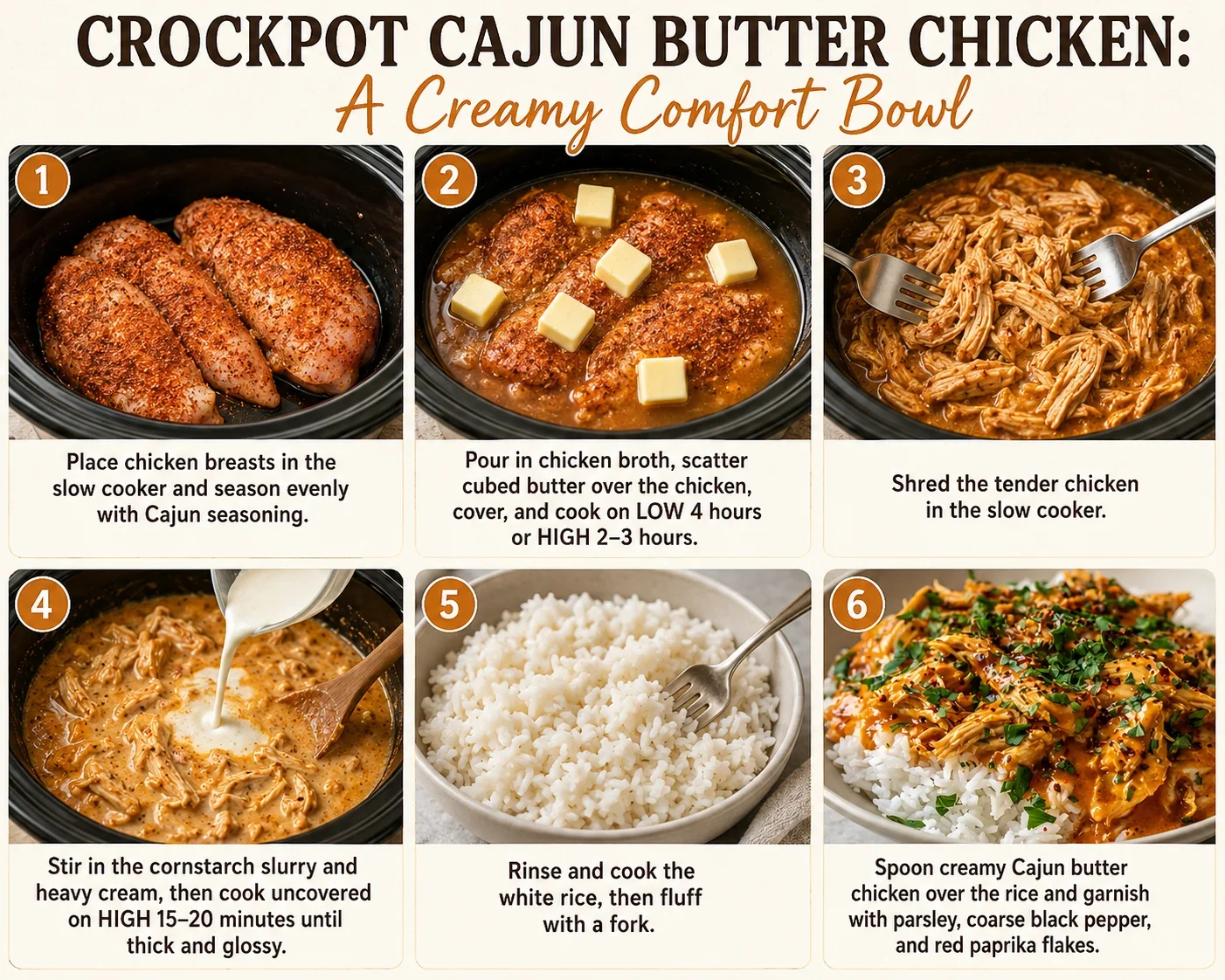 Delicious creamy Cajun butter chicken served over rice with fresh parsley.
